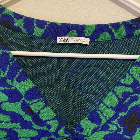 Zara Womens Blue and Green Button Up Floral Jacquard V- Neck Cardigan Small - Picture 4 of 7